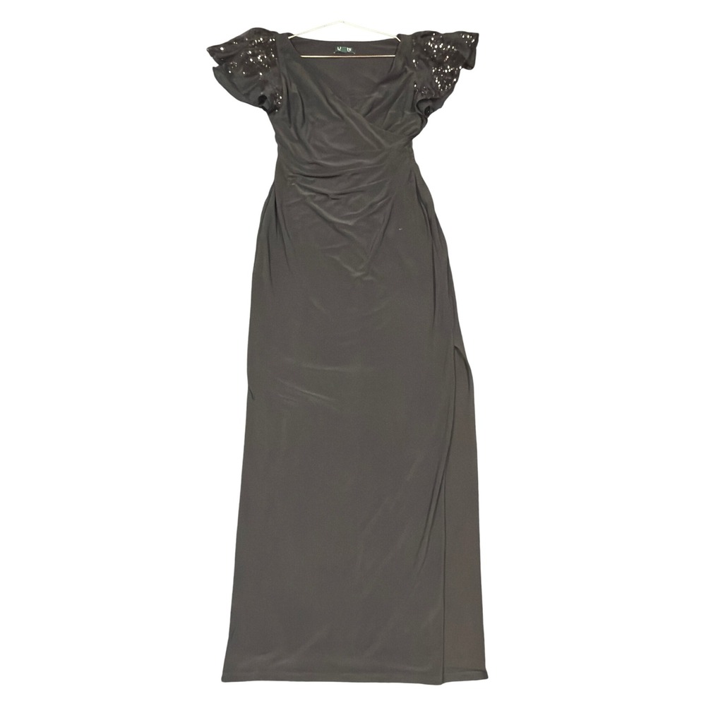 Lauren Ralph Lauren Dress Womens 4 Black Sequin Sleeve Gown Maxi Slit Evening